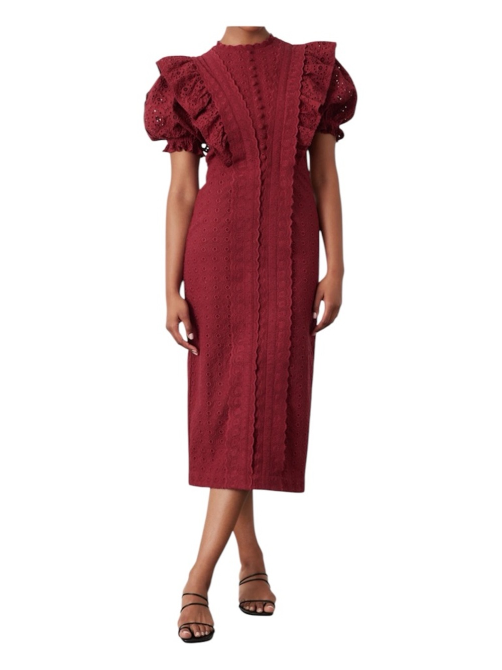 Joslin NWT Eyelet Ruffled Lined Midi Dress in Burgundy with Ruffle Shoulders